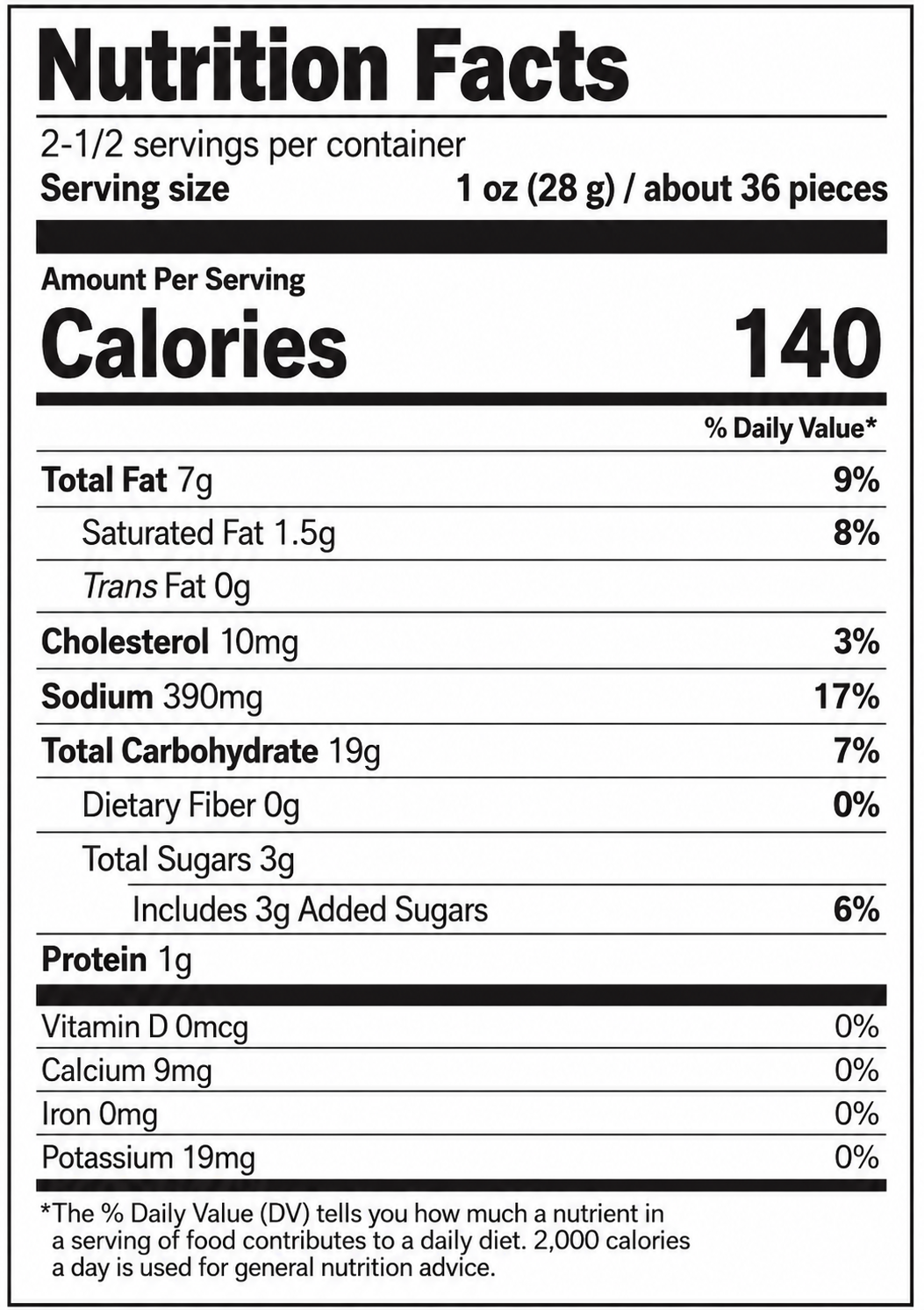 Nutrition facts label for a food product with serving size, calories, and nutritional content details.