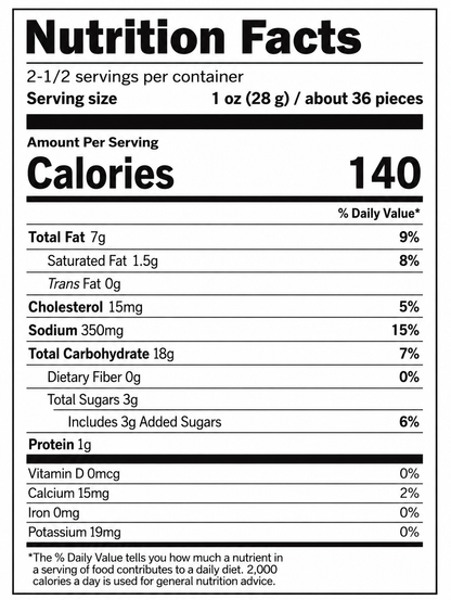 Nutrition facts label for a food product with serving size, calories, and nutritional content details.