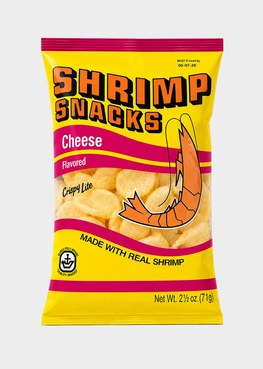 Shrimp snacks cheese flavor package with yellow and pink design on a white background