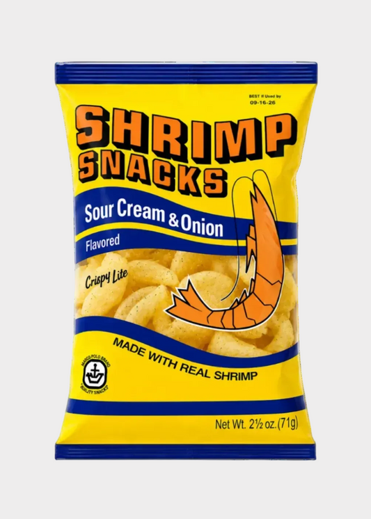 Shrimp snacks Sour Cream and Onion package with yellow and blue design on a white background