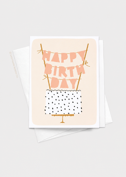 Birthday card with 'Happy Birthday' text on a cake illustration, on a white background.