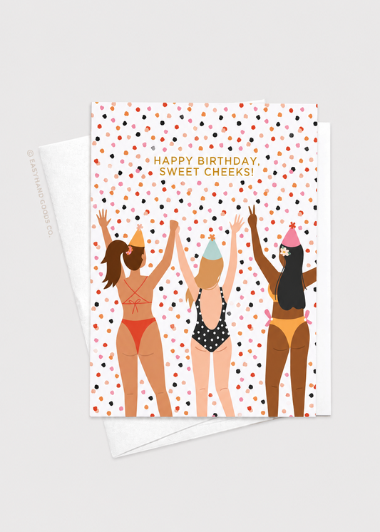Birthday card with illustrations of three women in swimsuits and party hats on a polka dot background.