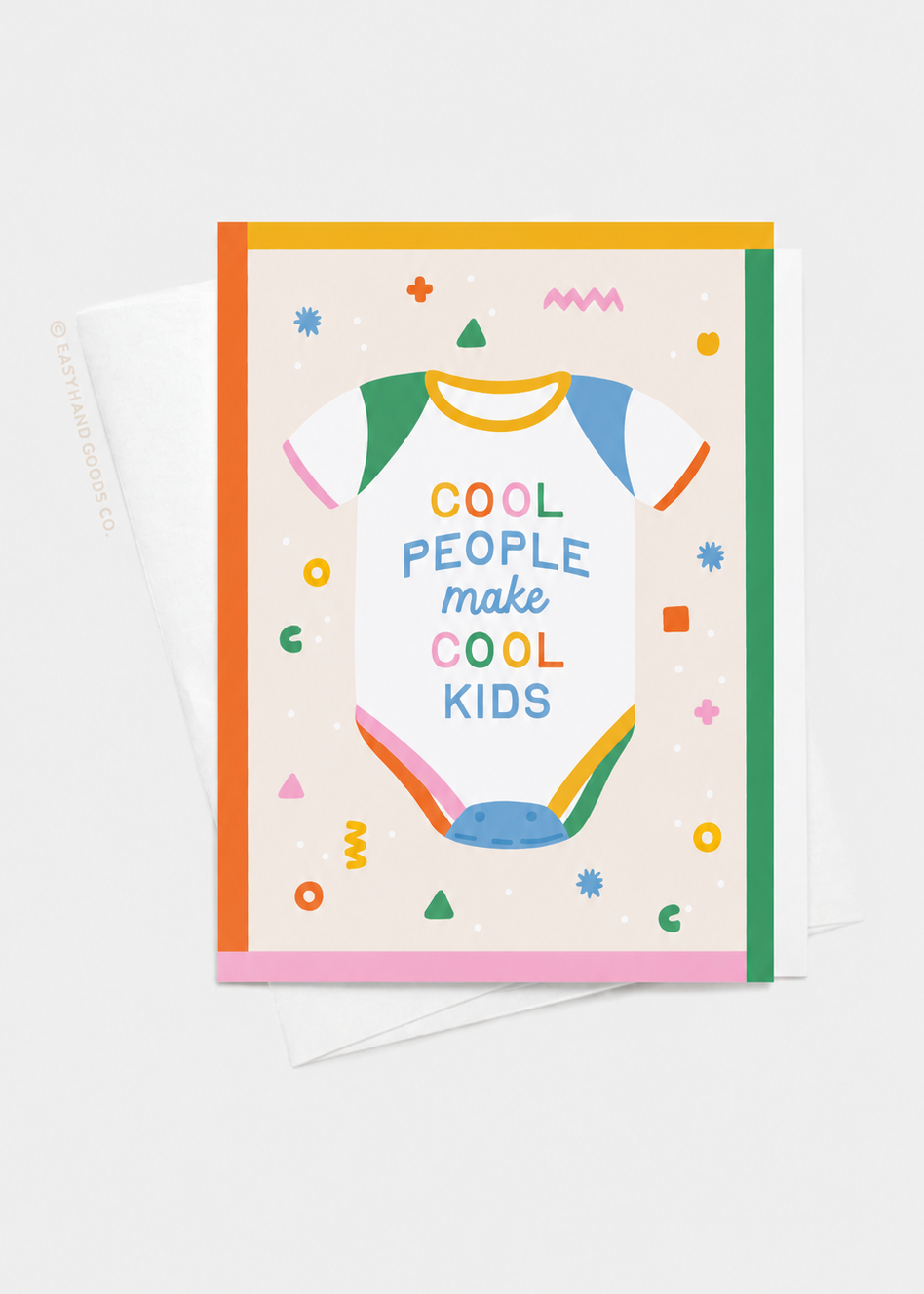Greeting card with colorful design and text 'Cool people make cool kids' on a white background