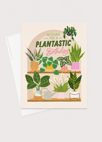Greeting card with illustrations of plants and 'Wishing you a plantastic birthday' text on a white background.