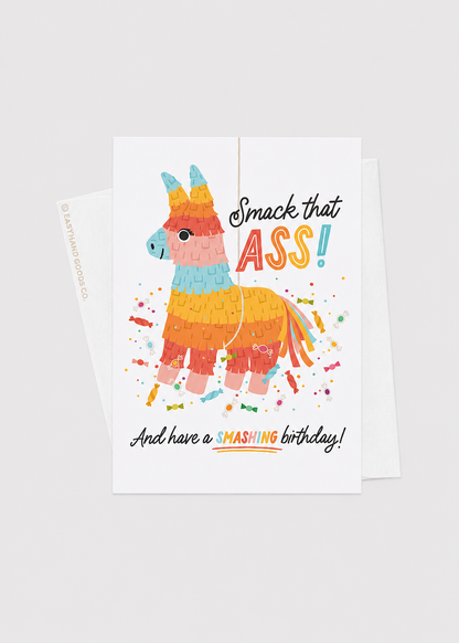 Colorful birthday card with a llama design and humorous text on a white background