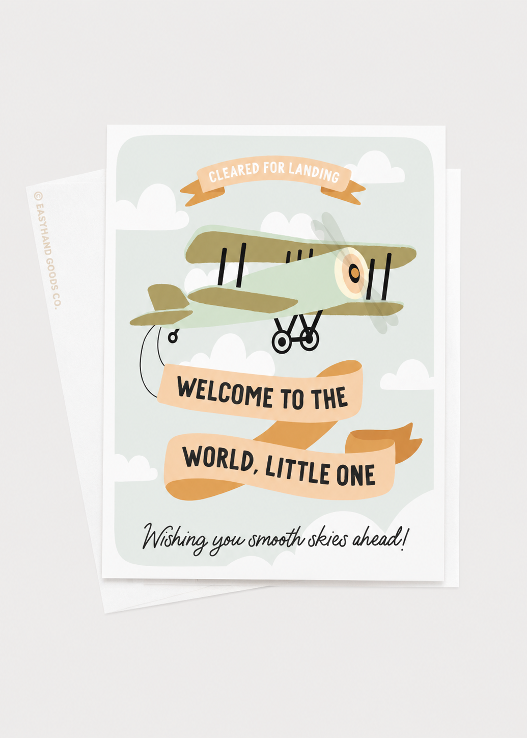 Newborn greeting card with airplane illustration and text on a white background