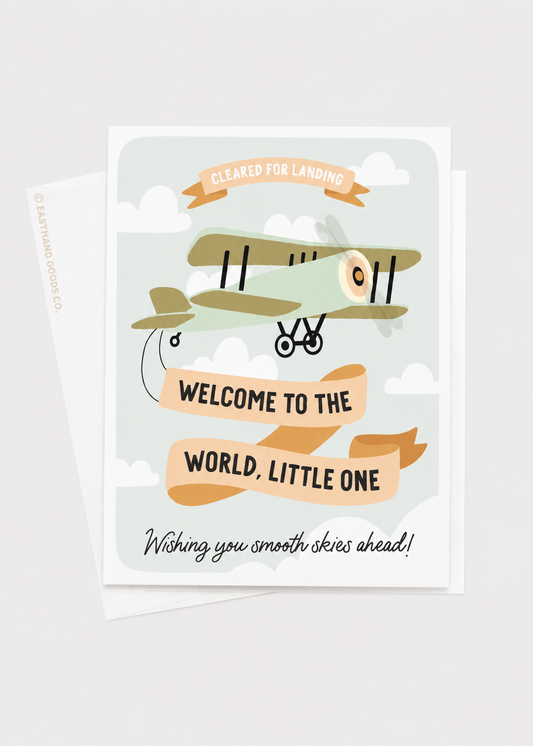 Newborn greeting card with airplane illustration and text on a white background