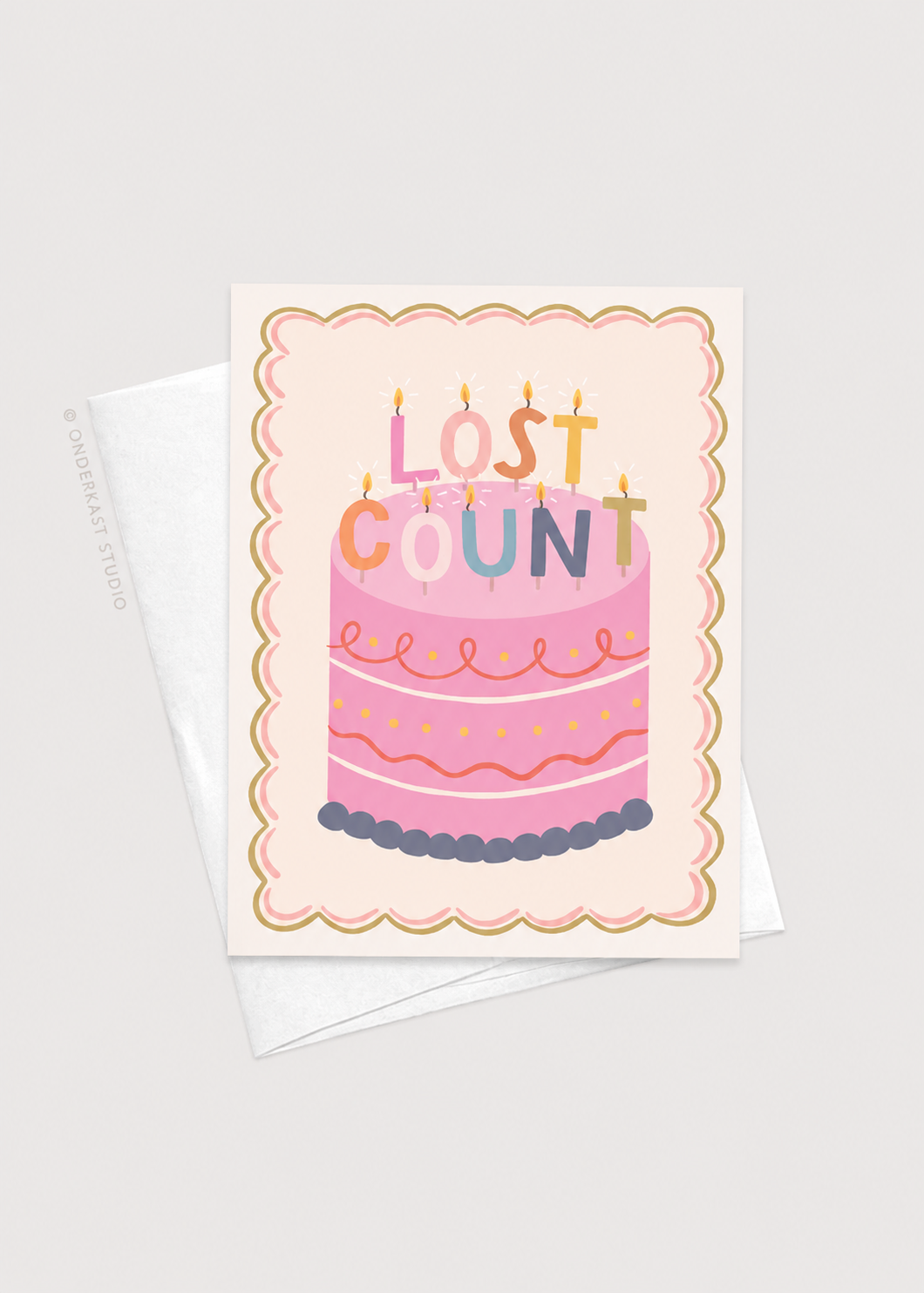 Greeting card with a pink cake illustration and 'Lost Count' text on a white background