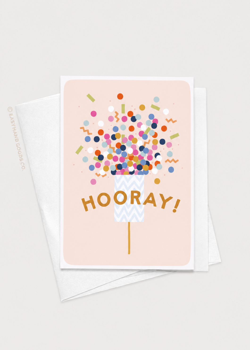 Greeting card with colorful confetti balloons and 'Hooray!' text on a light pink background.