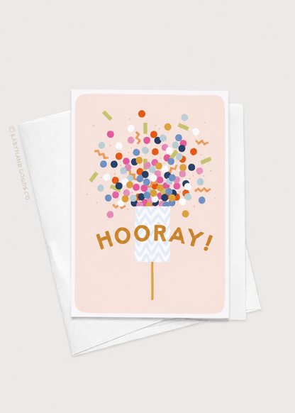 Greeting card with colorful confetti balloons and 'Hooray!' text on a light pink background.