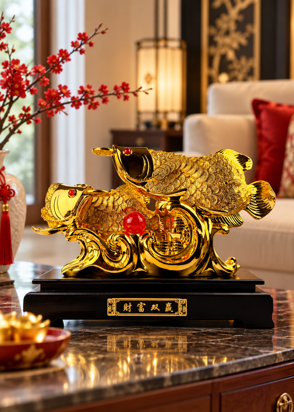 Golden Double Arowana Fish Statue - Wealth & Prosperity Feng Shui Decor