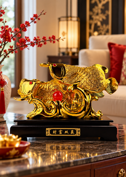 Golden Double Arowana Fish Statue - Wealth & Prosperity Feng Shui Decor