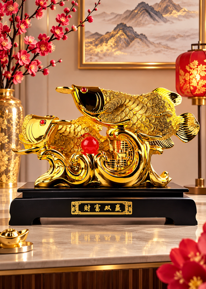 Golden Double Arowana Fish Statue - Wealth & Prosperity Feng Shui Decor