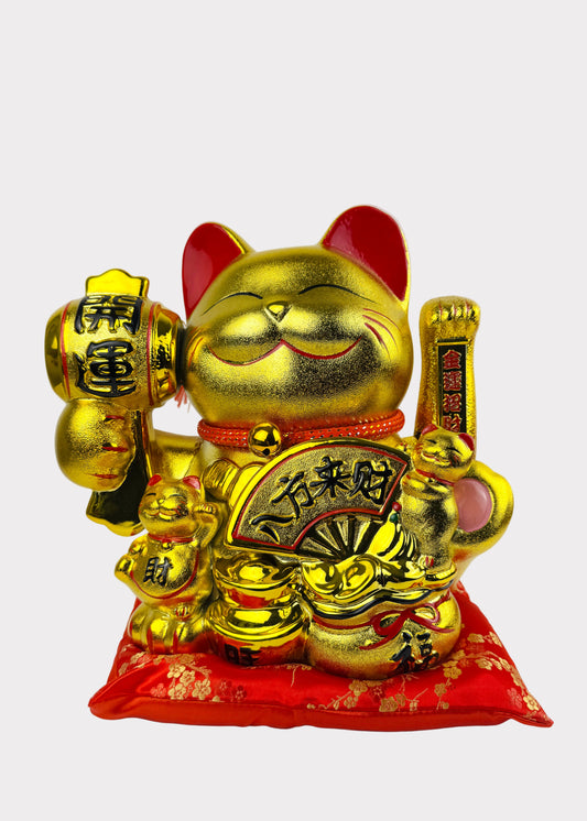 Golden Lucky Cat Figurine – Porcelain Maneki Neko with Drum and Fan – DC or Battery Powered
