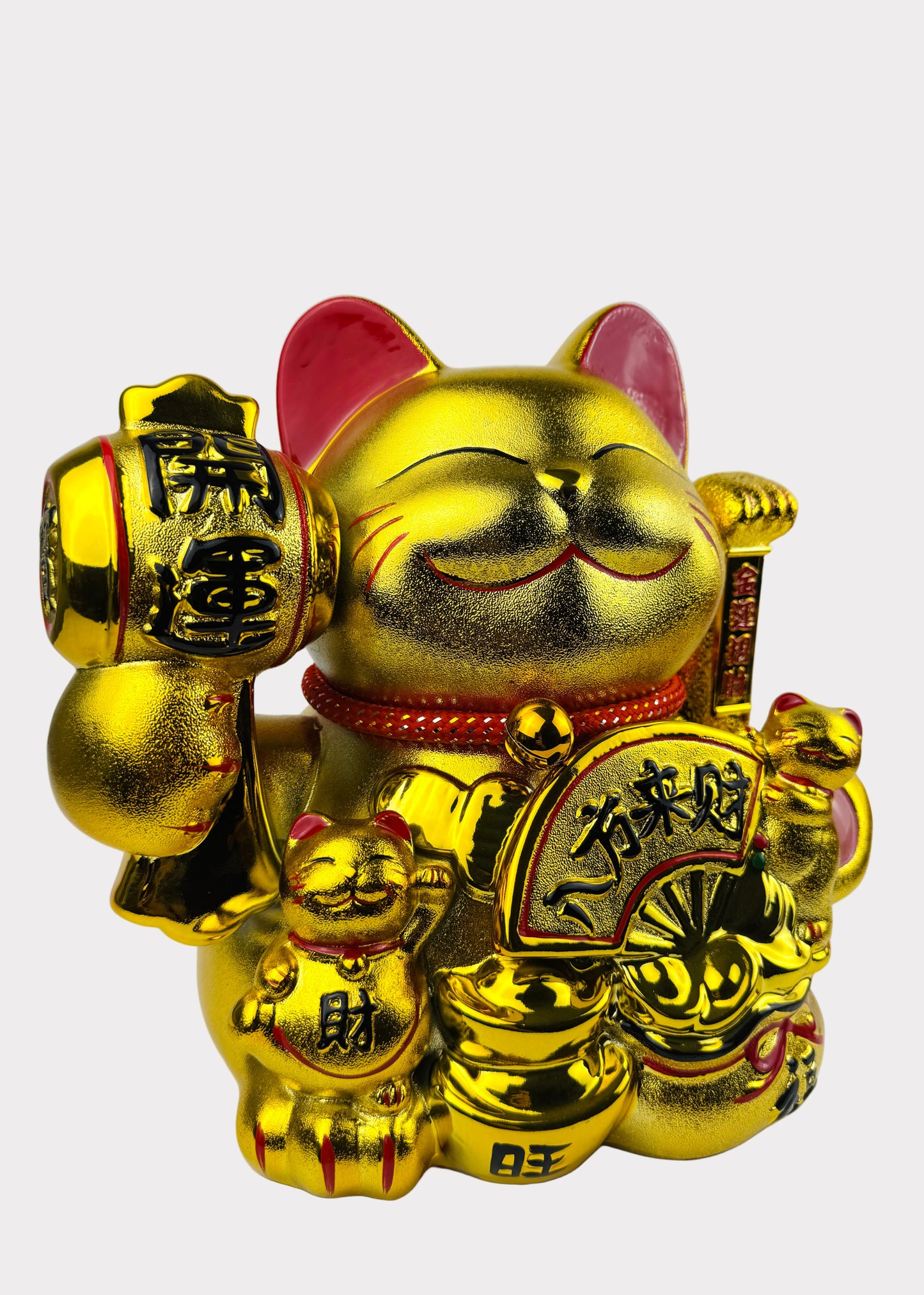 Golden Lucky Cat Figurine – Porcelain Maneki Neko with Drum and Fan – DC or Battery Powered