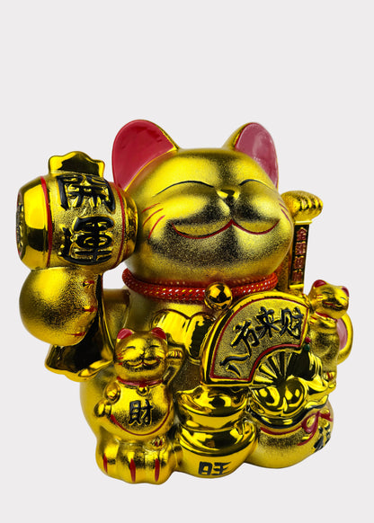 Golden Lucky Cat Figurine – Porcelain Maneki Neko with Drum and Fan – DC or Battery Powered