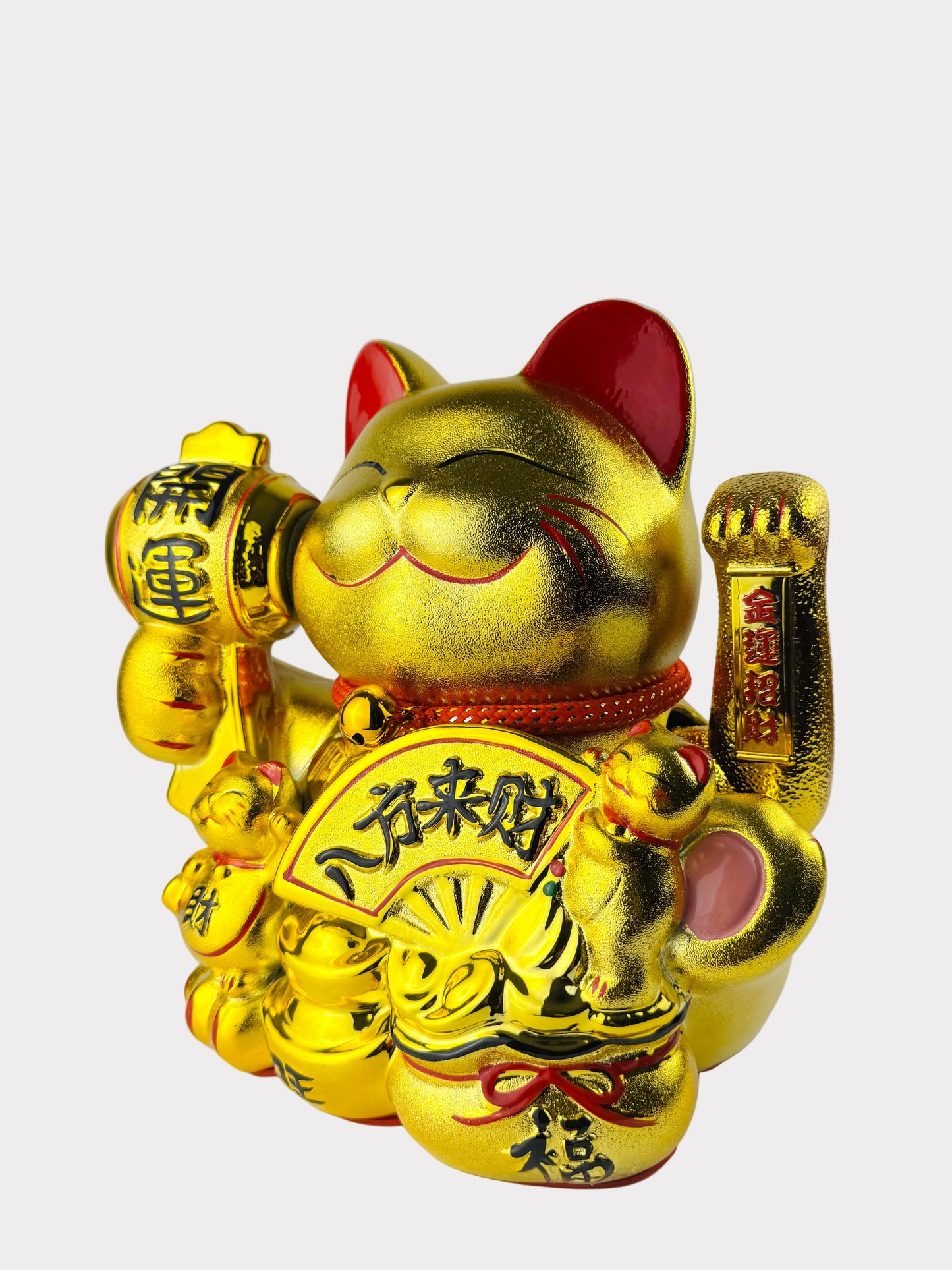 Golden Lucky Cat Figurine – Porcelain Maneki Neko with Drum and Fan – DC or Battery Powered