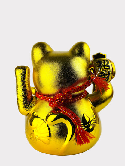 Golden Lucky Cat Figurine – Porcelain Maneki Neko with Drum and Fan – DC or Battery Powered