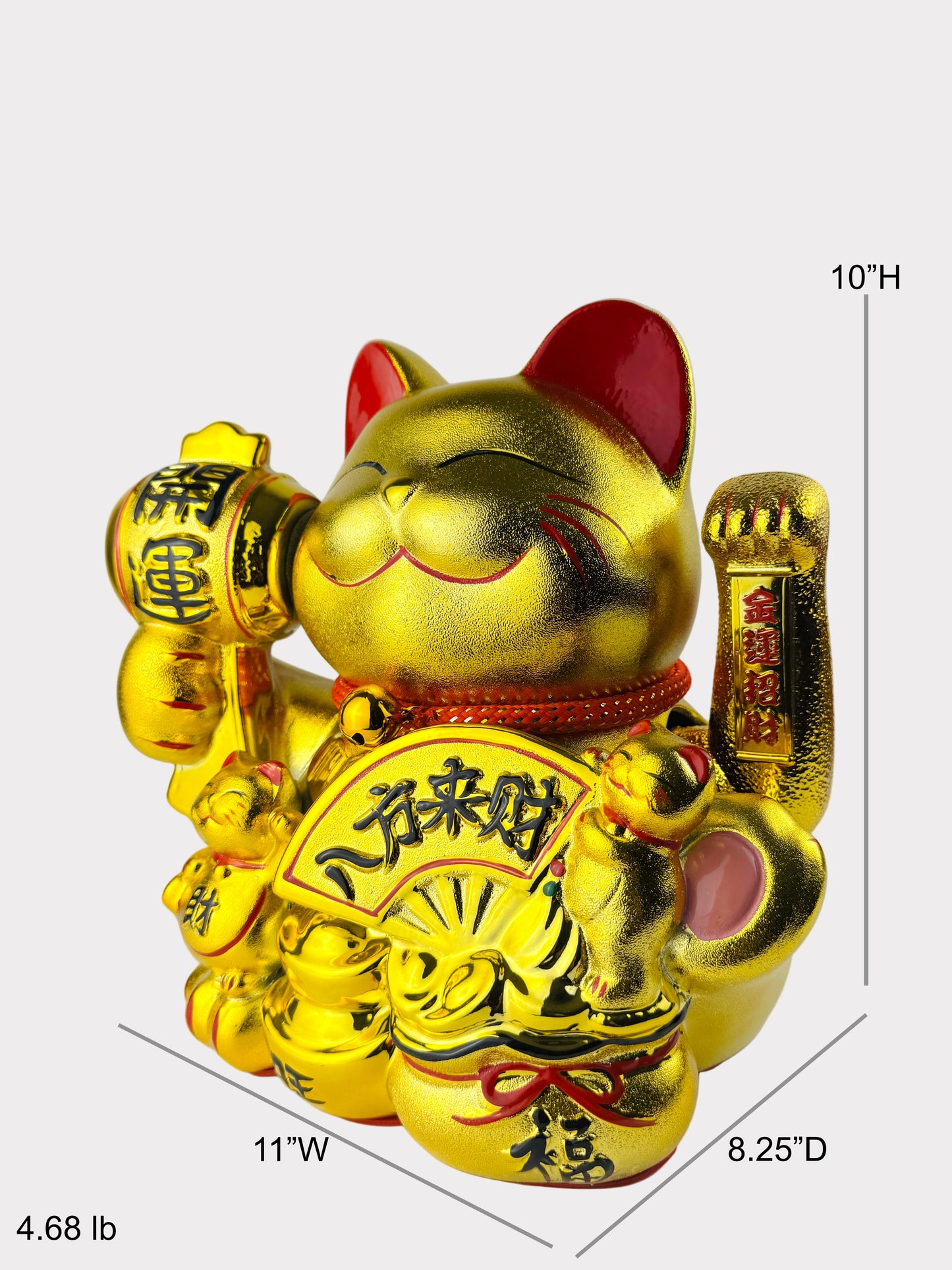 Golden Lucky Cat Figurine – Porcelain Maneki Neko with Drum and Fan – DC or Battery Powered