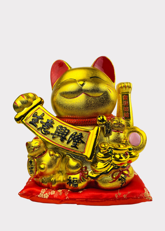 Golden Lucky Cat Figurine – Porcelain Maneki Neko with Banner – DC or Battery Powered