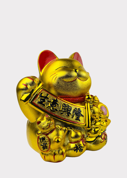 Golden Lucky Cat Figurine – Porcelain Maneki Neko with Banner – DC or Battery Powered
