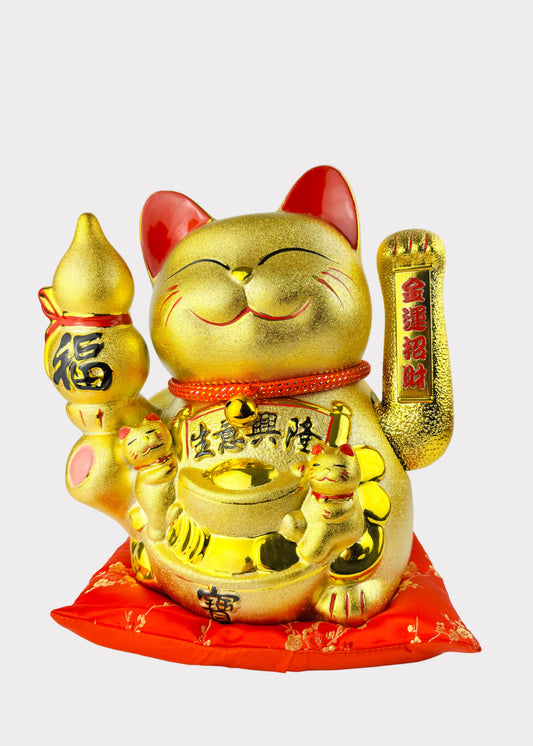 Golden Money Cat - Porcelain Lucky Cat with Hulu - Battery Powered