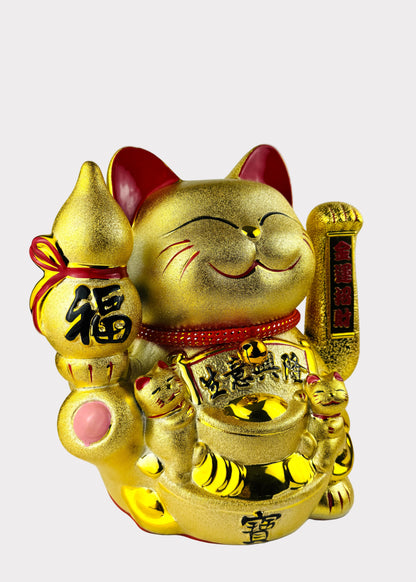 Golden Money Cat - Porcelain Lucky Cat with Hulu - Battery Powered