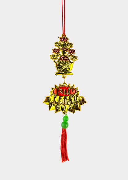 Golden Lotus Vase Hanging Ornament – Phúc Blessing Charm with Red Tassel (5 Count)