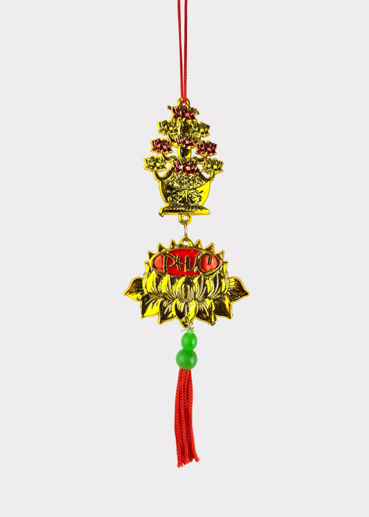 Golden Lotus Vase Hanging Ornament – Phúc Blessing Charm with Red Tassel (5 Count)