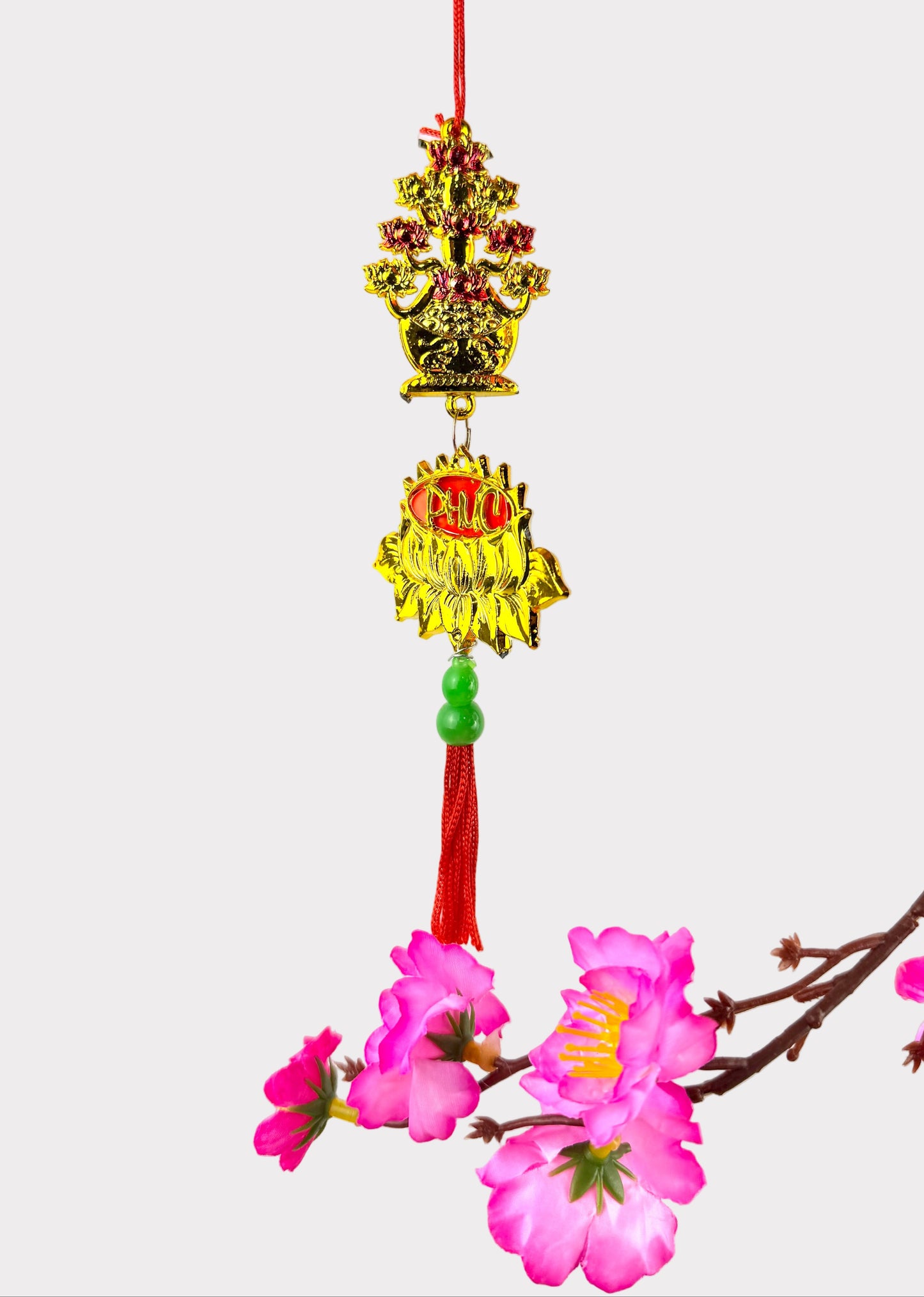 Golden Lotus Vase Hanging Ornament – Phúc Blessing Charm with Red Tassel (5 Count)