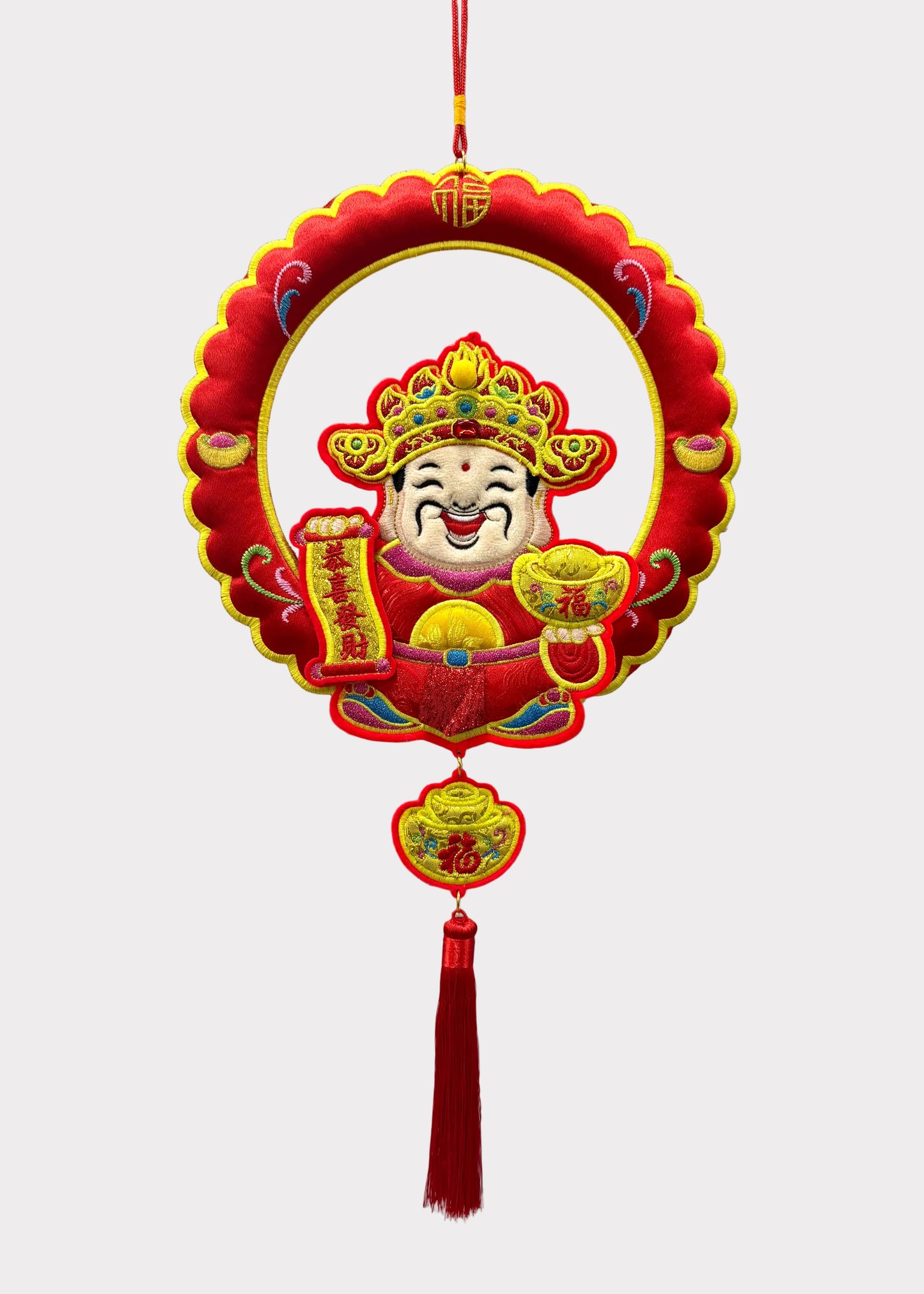 Plush Wealth God Wall Hanging Decor with Wreath Design and Tassel