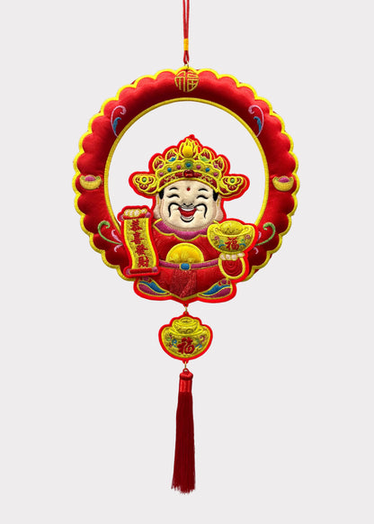 Plush Wealth God Wall Hanging Decor with Wreath Design and Tassel