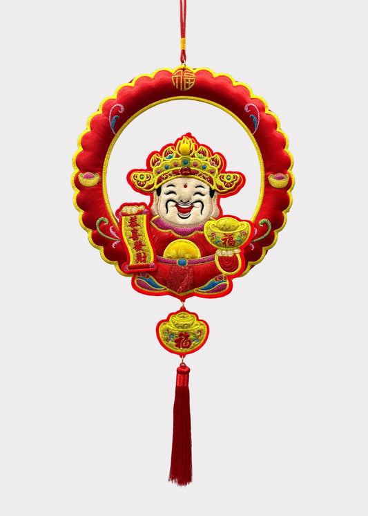 Plush Wealth God Wall Hanging Decor with Wreath Design and Tassel