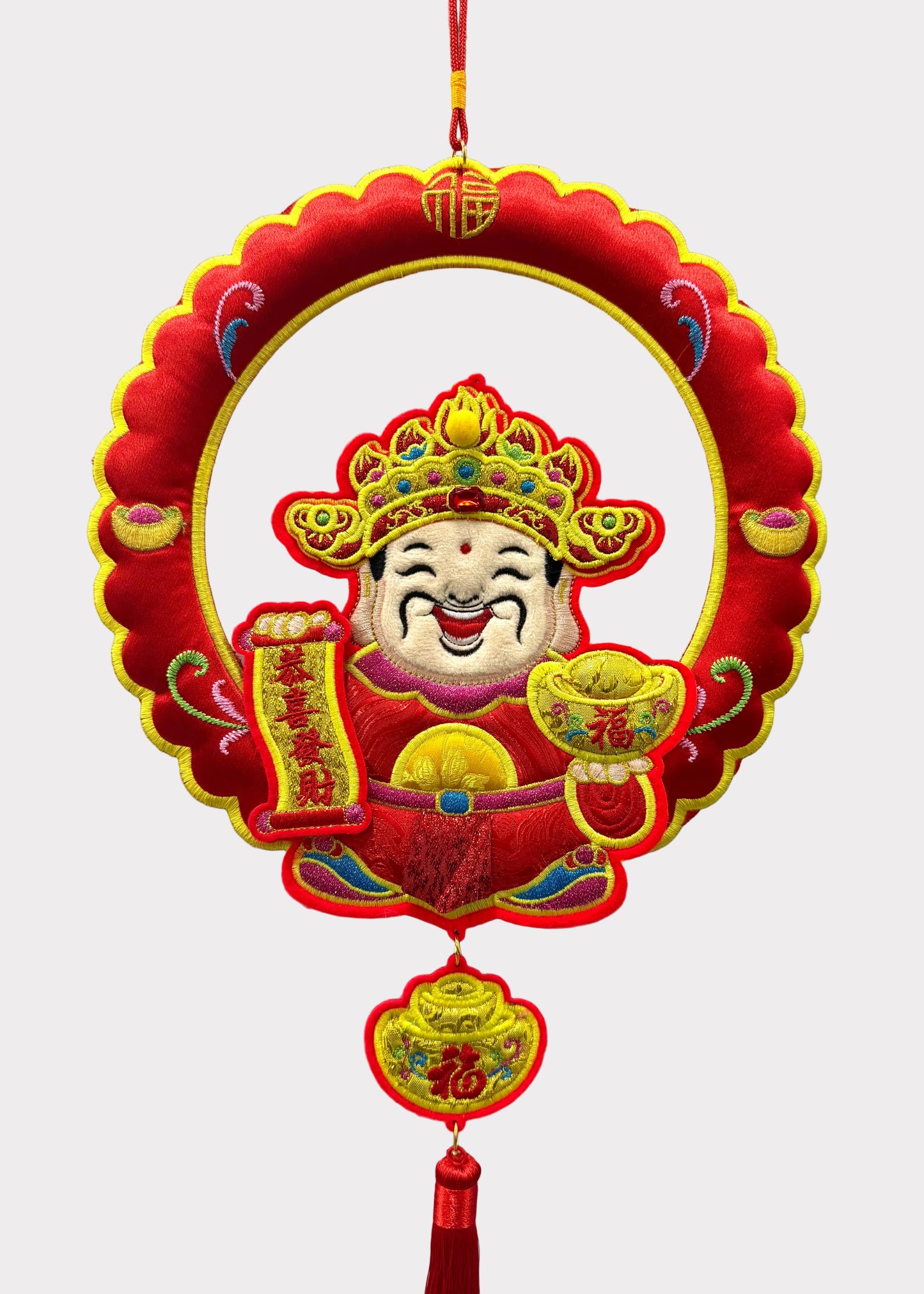 Plush Wealth God Wall Hanging Decor with Wreath Design and Tassel