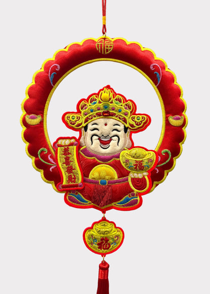 Plush Wealth God Wall Hanging Decor with Wreath Design and Tassel