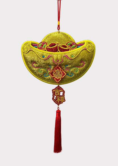 Embroidered Gold Ingot Wall Hanging with Lucky Apple and Red Envelope Slot
