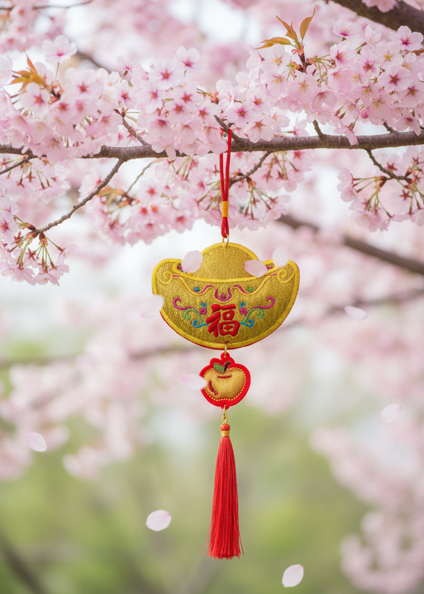 Embroidered Gold Ingot Wall Hanging with Lucky Apple and Red Envelope Slot