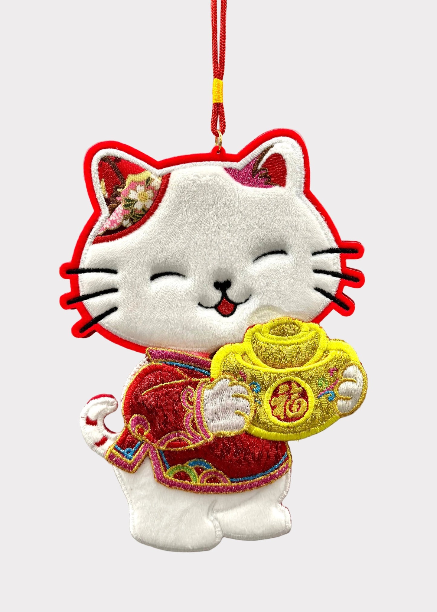 Lucky Wealth Cat Plush Hanging Decor Set - Lunar New Year Embroidered Ornament Pair