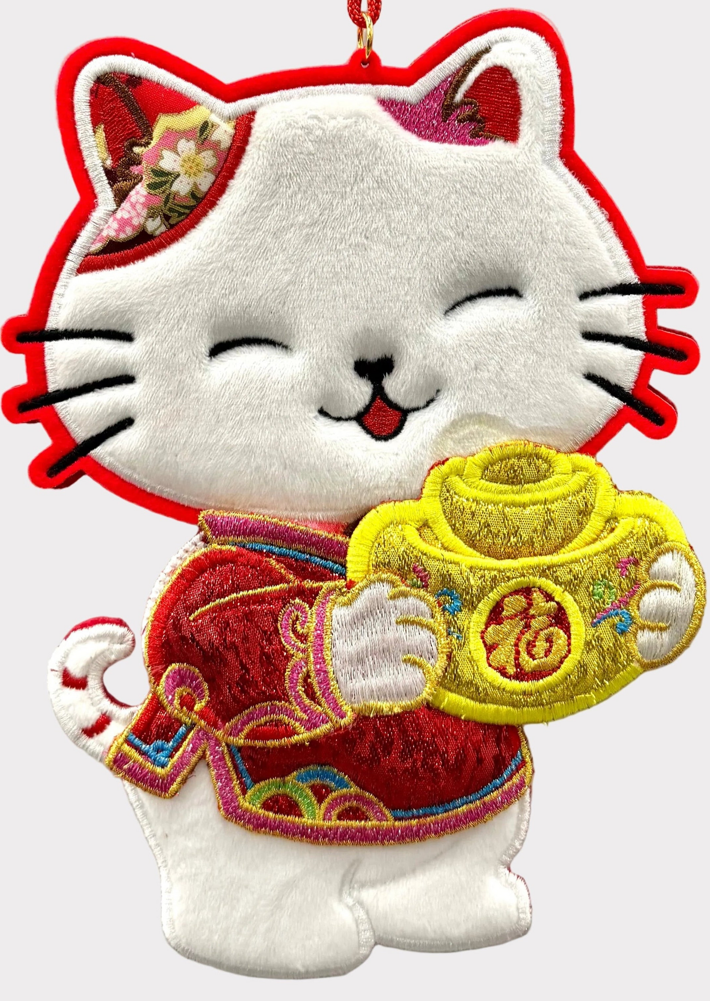 Lucky Wealth Cat Plush Hanging Decor Set - Lunar New Year Embroidered Ornament Pair