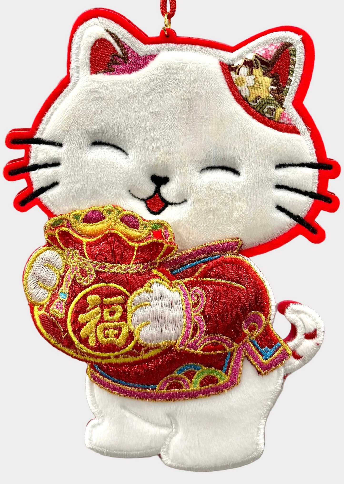Lucky Wealth Cat Plush Hanging Decor Set - Lunar New Year Embroidered Ornament Pair