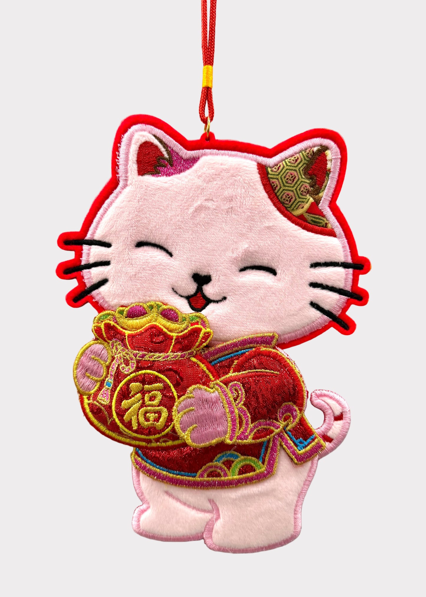 Pink Lucky Wealth Cat Plush Hanging Decor Set - Embroidered Lunar New Year Ornament Pair
