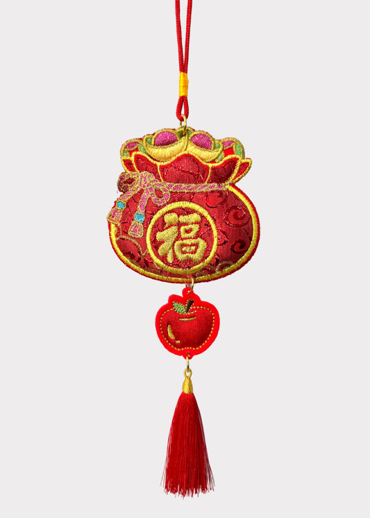 Red Embroidered Wealth Bag Hanging Decor with Apple Protection Charm and Tassel