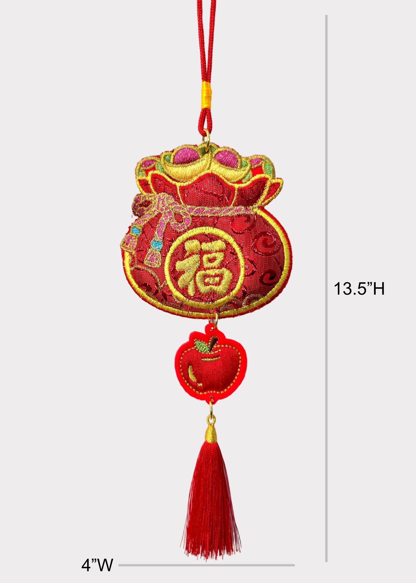 Red Embroidered Wealth Bag Hanging Decor with Apple Protection Charm and Tassel