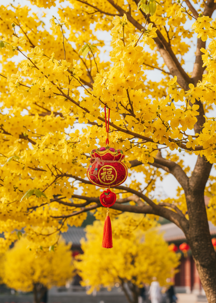 Red Embroidered Wealth Bag Hanging Decor with Apple Protection Charm and Tassel