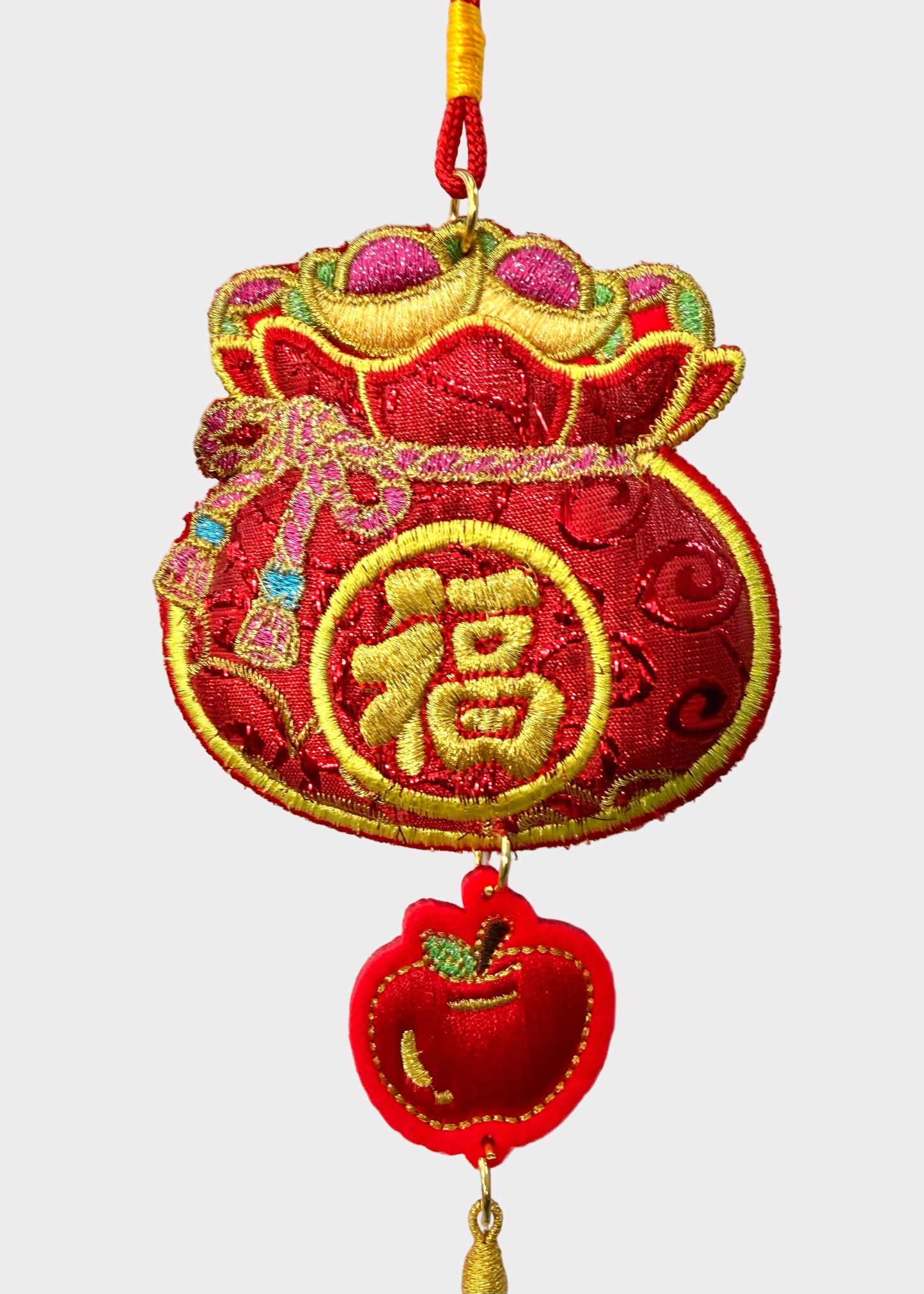 Red Embroidered Wealth Bag Hanging Decor with Apple Protection Charm and Tassel