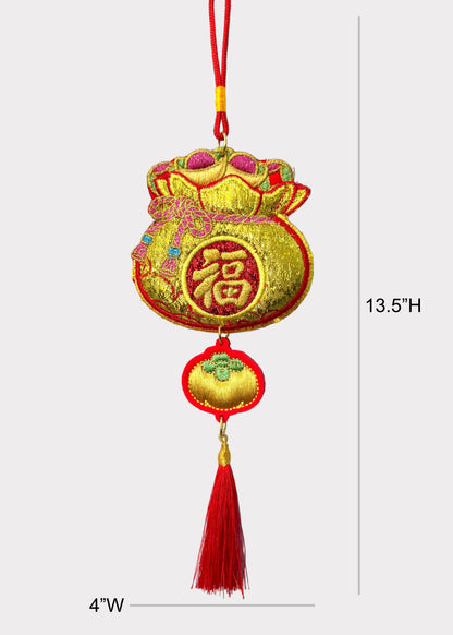 Embroidered Wealth Bag Hanging Decor with Persimmon Charm and Red Tassel
