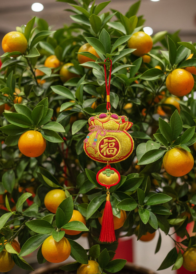Embroidered Wealth Bag Hanging Decor with Persimmon Charm and Red Tassel