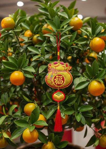 Embroidered Wealth Bag Hanging Decor with Persimmon Charm and Red Tassel