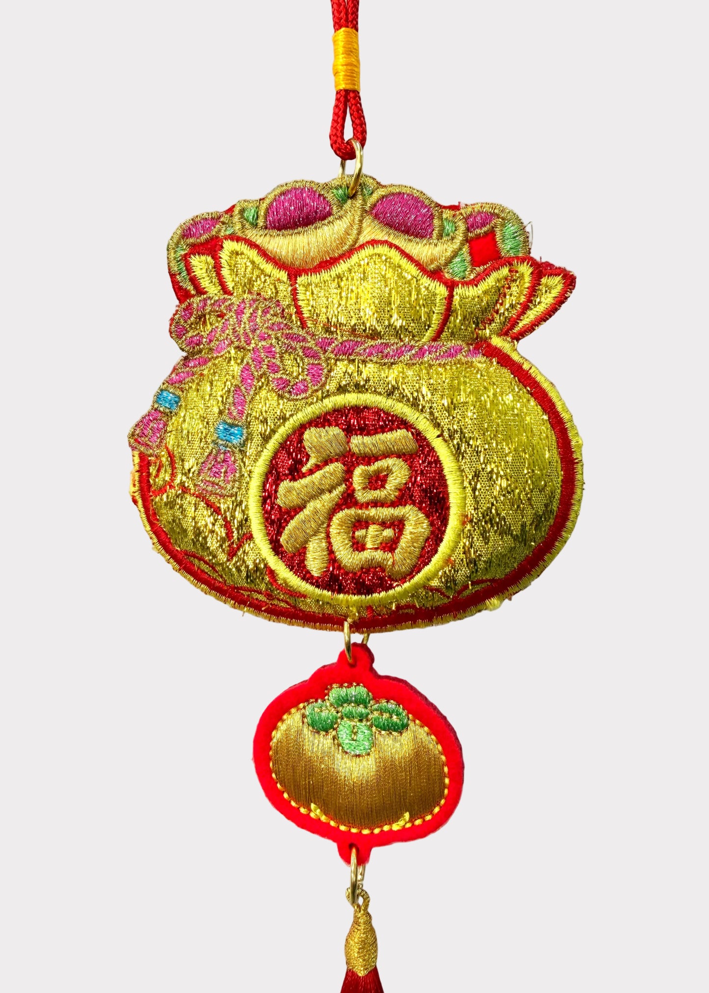 Embroidered Wealth Bag Hanging Decor with Persimmon Charm and Red Tassel