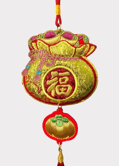 Embroidered Wealth Bag Hanging Decor with Persimmon Charm and Red Tassel